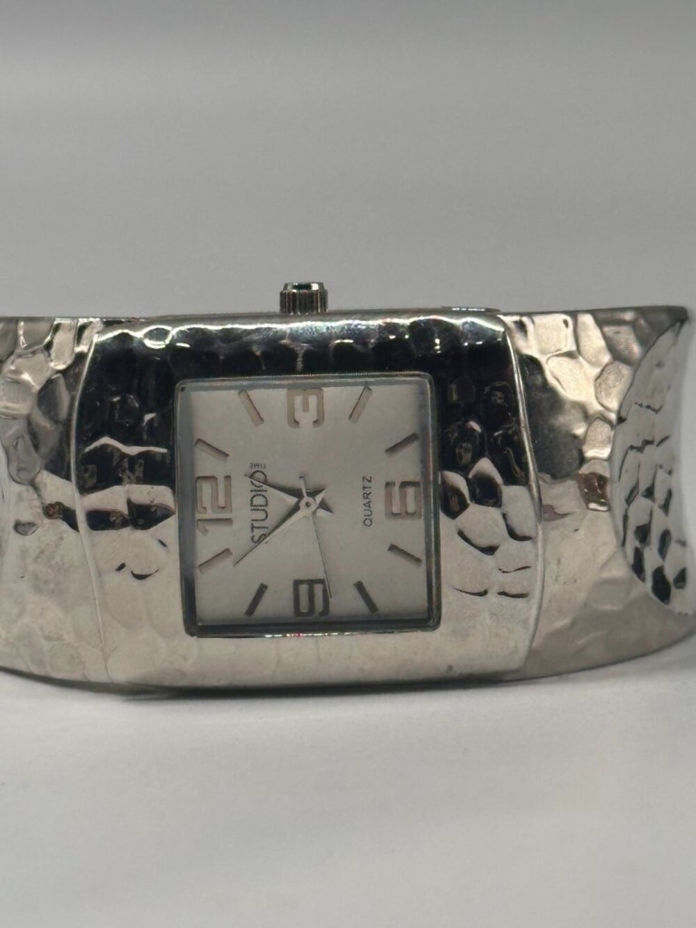 3/$30 Studio Time Watch Women Silver Tone Hammered Design Cuff Band 6.5"